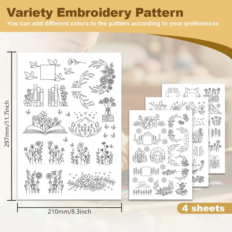 DOODLREAM 56Pcs Mountain Flower Vine Embroidery Pattern Stabilizer, 8.3"x11.7" Deer Antler Book Water Soluble Stick and Stitch Embroidery Sticker, 4 Sheets Tree Hat Hand Sewing DIY Embroidery Paper - Image 2